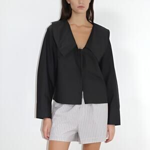 Deiji Studios Collared Tie Shirt Button Front Long Sleeve Black Size XL